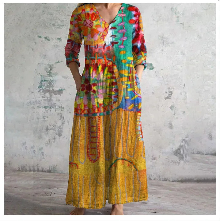 Vestido Cuello V Manga Larga Estampado