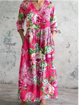 Vestido Cuello V Manga Larga Estampado