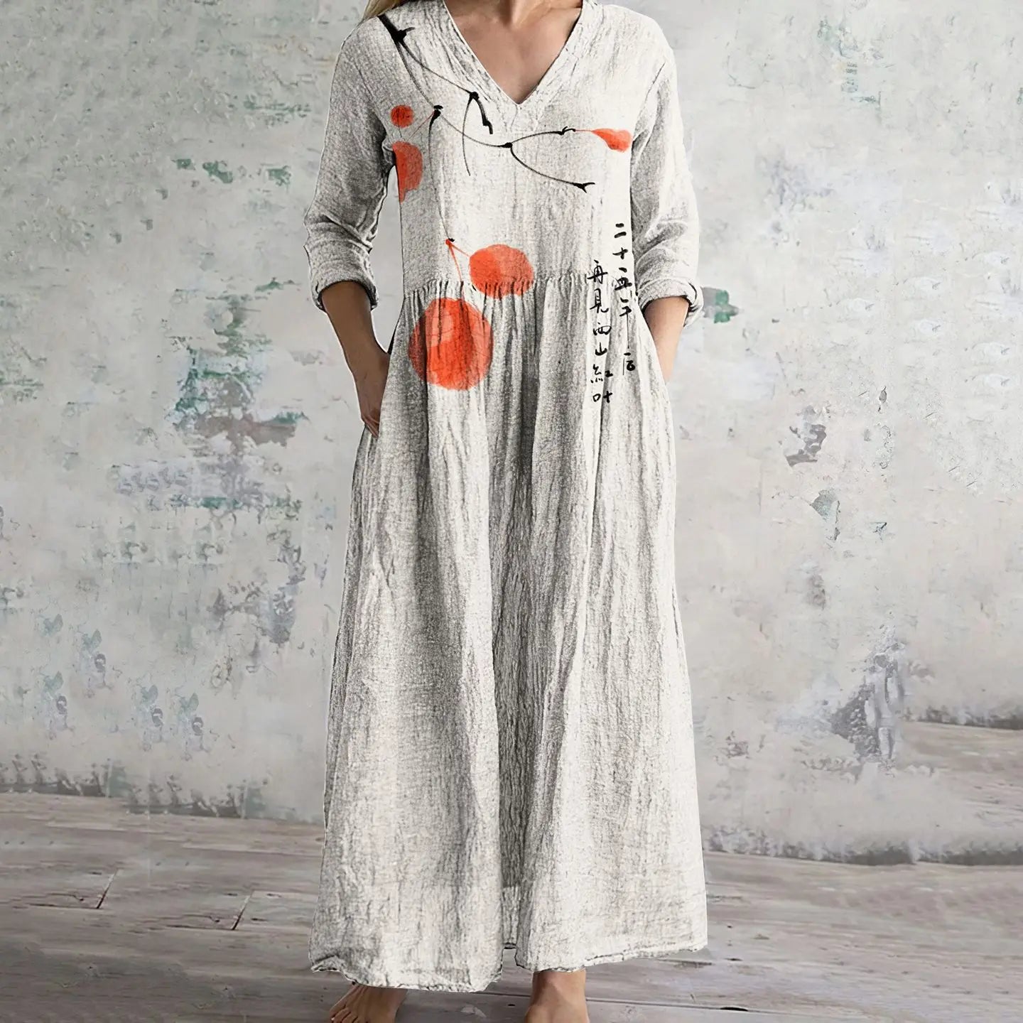 Vestido Cuello V Manga Larga Estampado