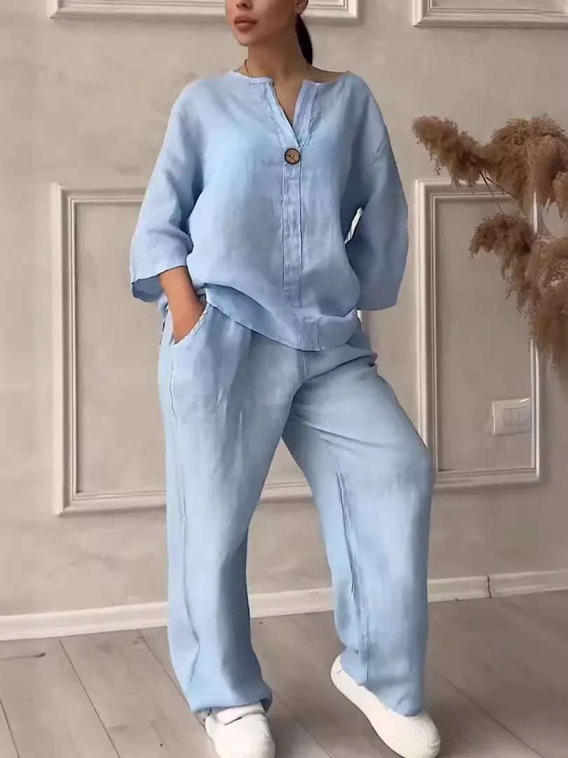 Conjunto Lino Pierna Ancha Manga Larga