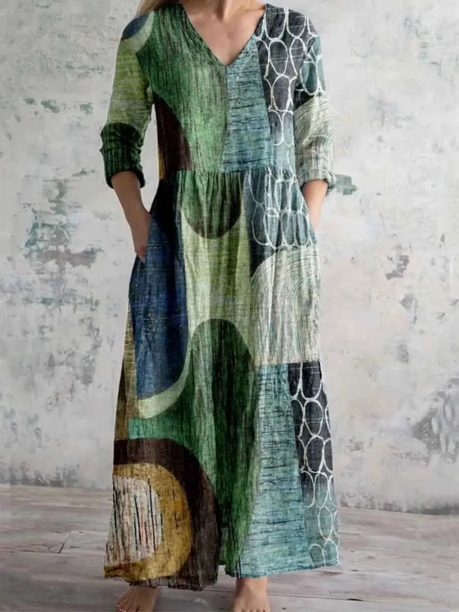 Vestido Cuello V Manga Larga Estampado