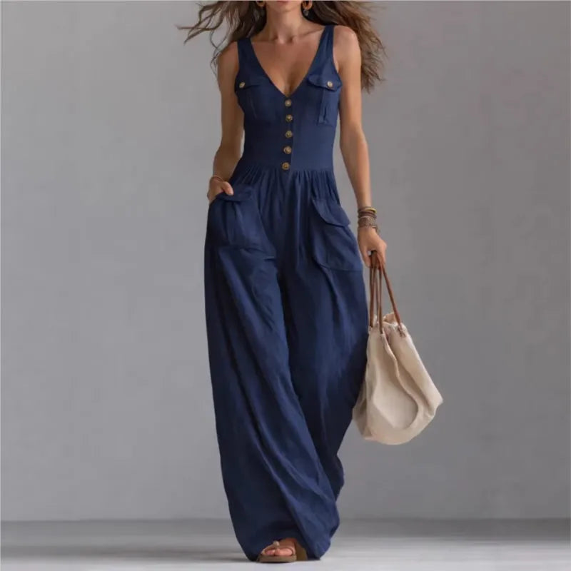 Jumpsuit Cuello V Pierna Ancha Sin Mangas Liso