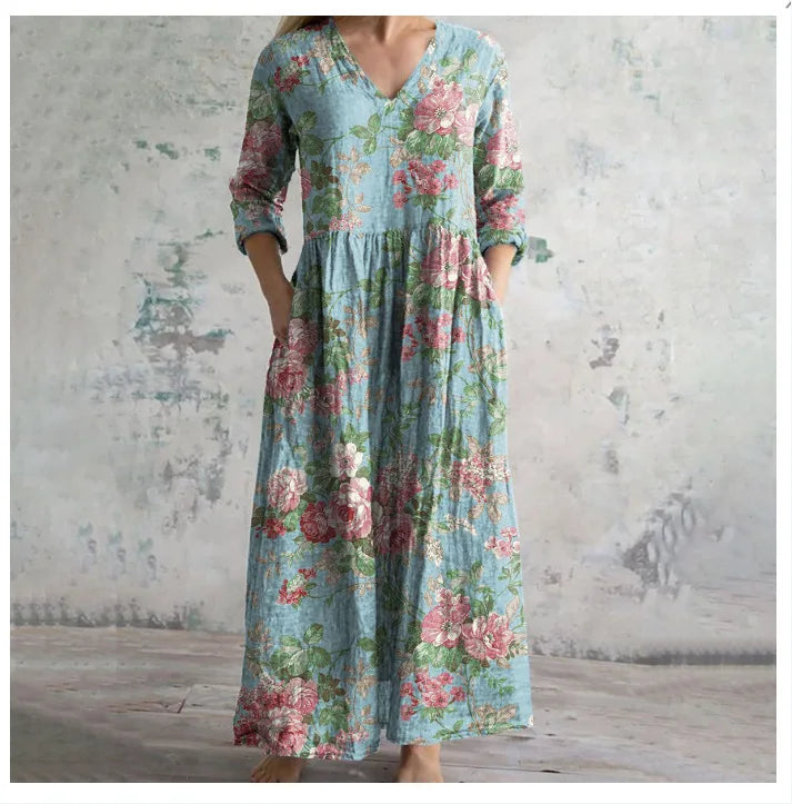 Vestido Cuello V Manga Larga Estampado