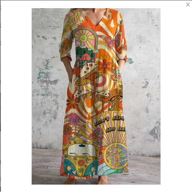 Vestido Cuello V Manga Larga Estampado
