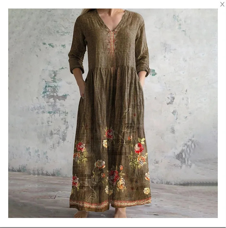 Vestido Cuello V Manga Larga Estampado