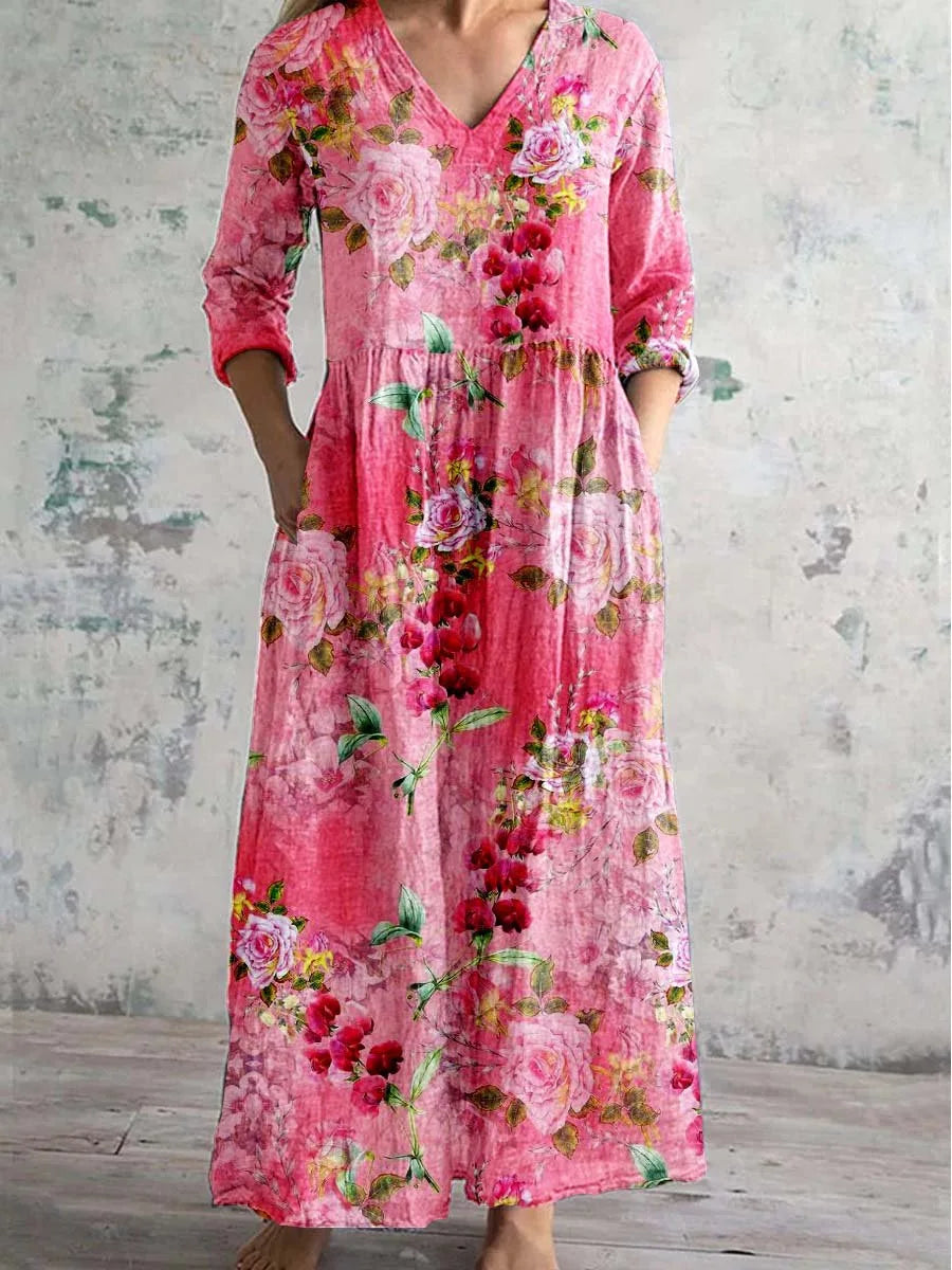 Vestido Cuello V Manga Larga Estampado