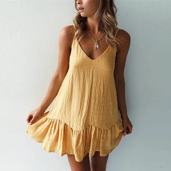 Vestido Lino Hombros Descubiertos Olanes