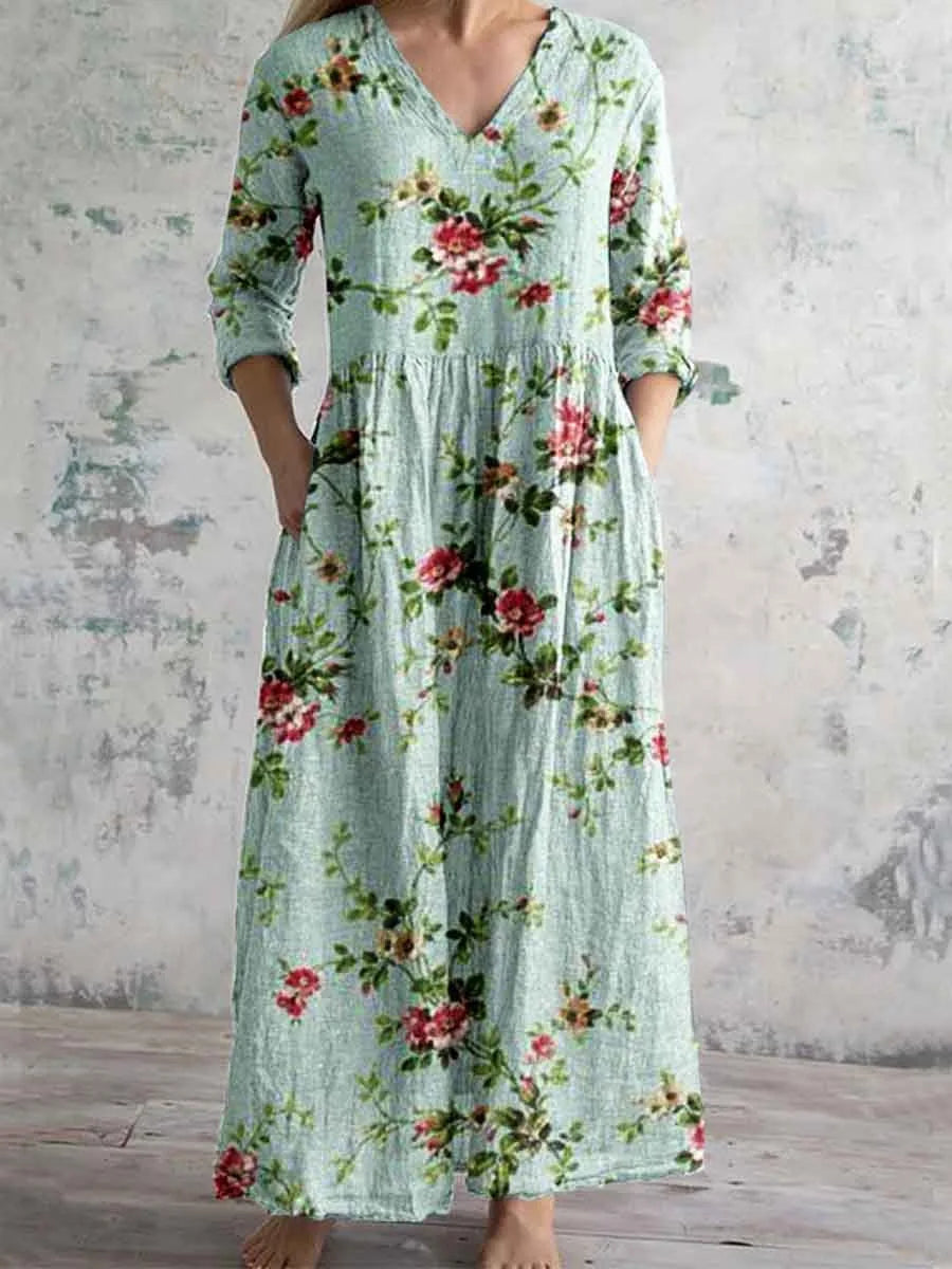 Vestido Cuello V Manga Larga Estampado