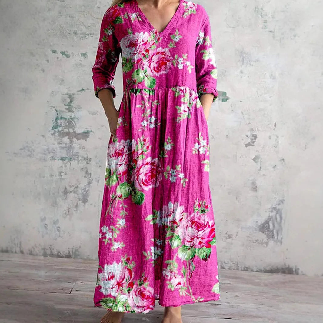 Vestido Cuello V Manga Larga Estampado