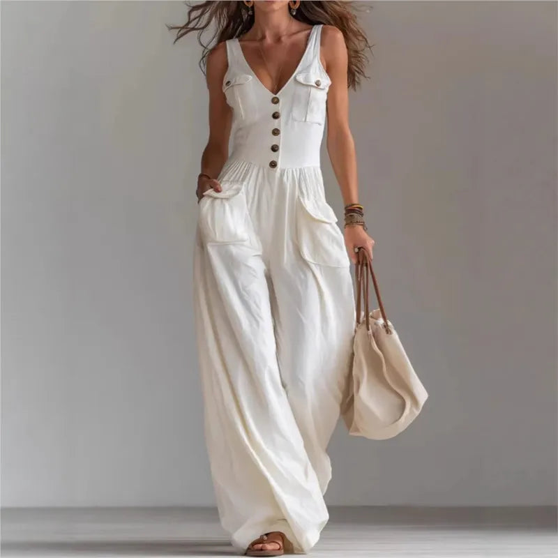 Jumpsuit Cuello V Pierna Ancha Sin Mangas Liso