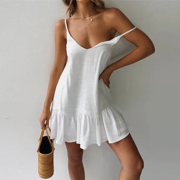 Vestido Lino Hombros Descubiertos Olanes