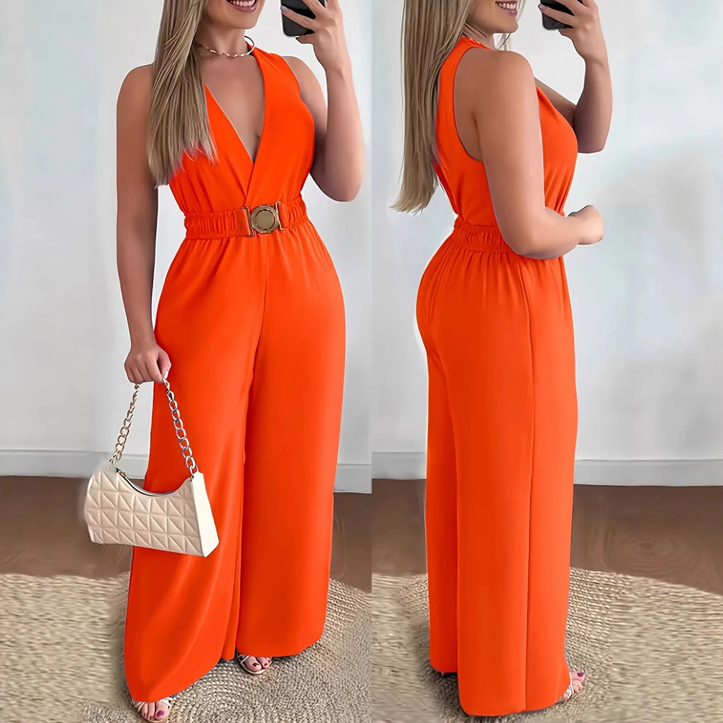 Jumpsuit Cuello V Pierna Ancha Sin Mangas