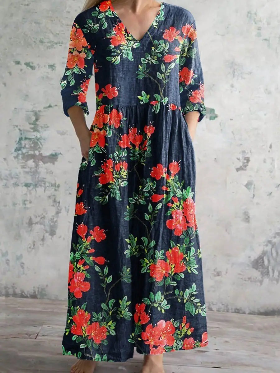 Vestido Cuello V Manga Larga Estampado