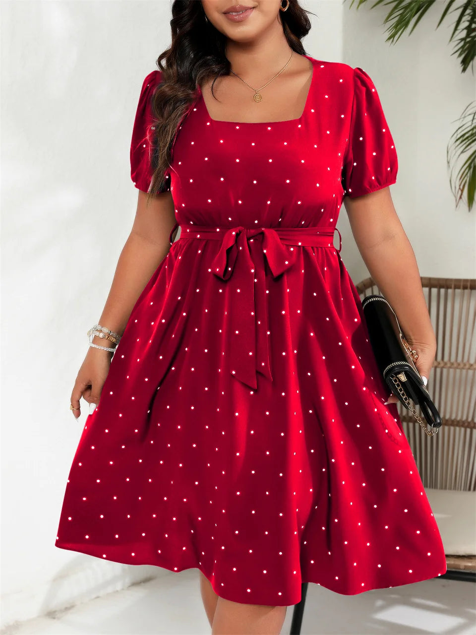 Vestido Cuello Cuadrado Línea A Manga Abullonada