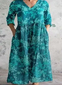 Vestido Cuello V Manga Larga Estampado