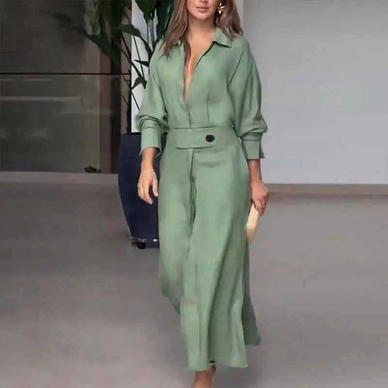 Vestido Cuello V Manga Larga Liso