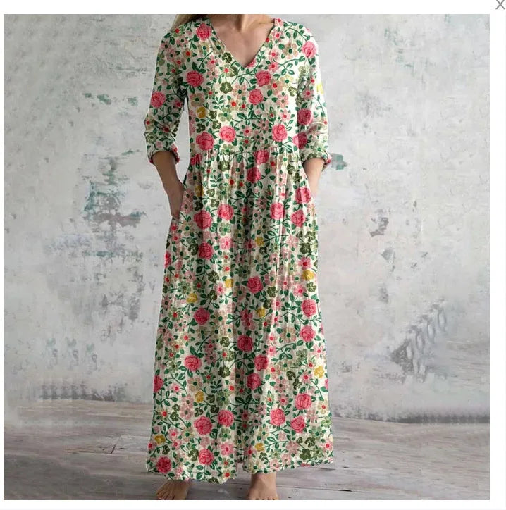 Vestido Cuello V Manga Larga Estampado