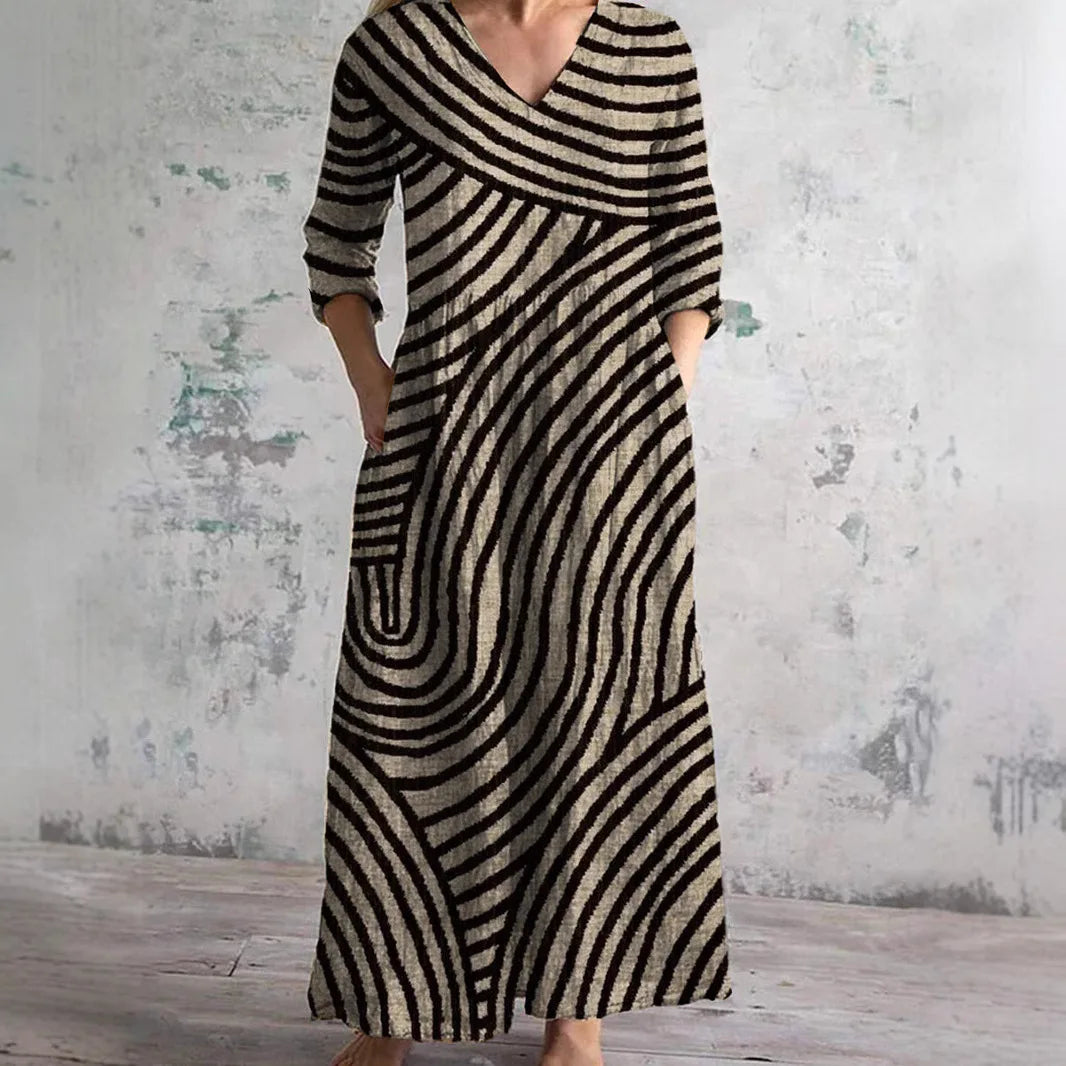 Vestido Cuello V Manga Larga Estampado
