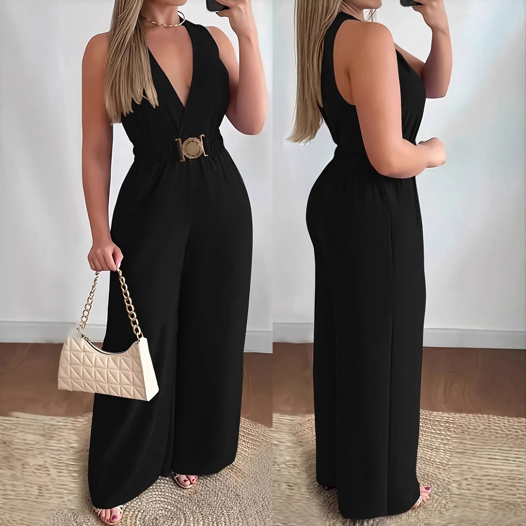 Jumpsuit Cuello V Pierna Ancha Sin Mangas