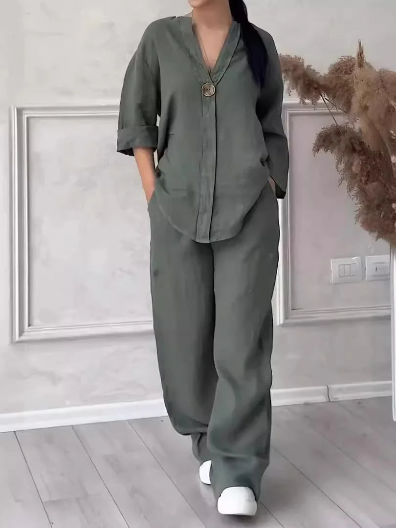 Conjunto Lino Pierna Ancha Manga Larga