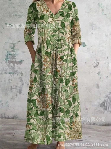 Vestido Cuello V Manga Larga Estampado