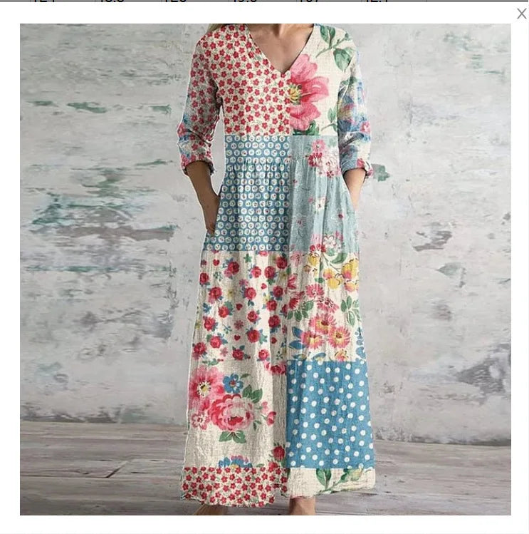 Vestido Cuello V Manga Larga Estampado