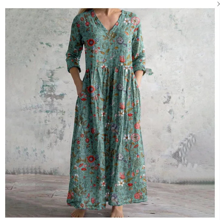 Vestido Cuello V Manga Larga Estampado