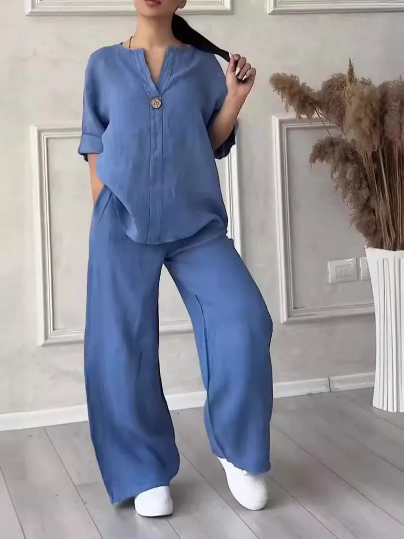Conjunto Lino Pierna Ancha Manga Larga