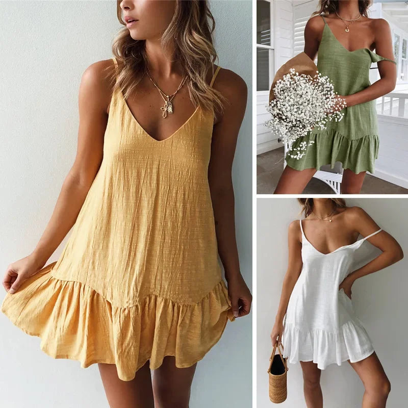 Vestido Lino Hombros Descubiertos Olanes
