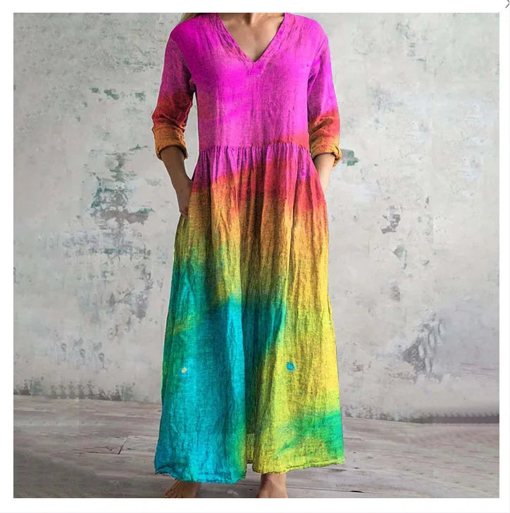 Vestido Cuello V Manga Larga Estampado