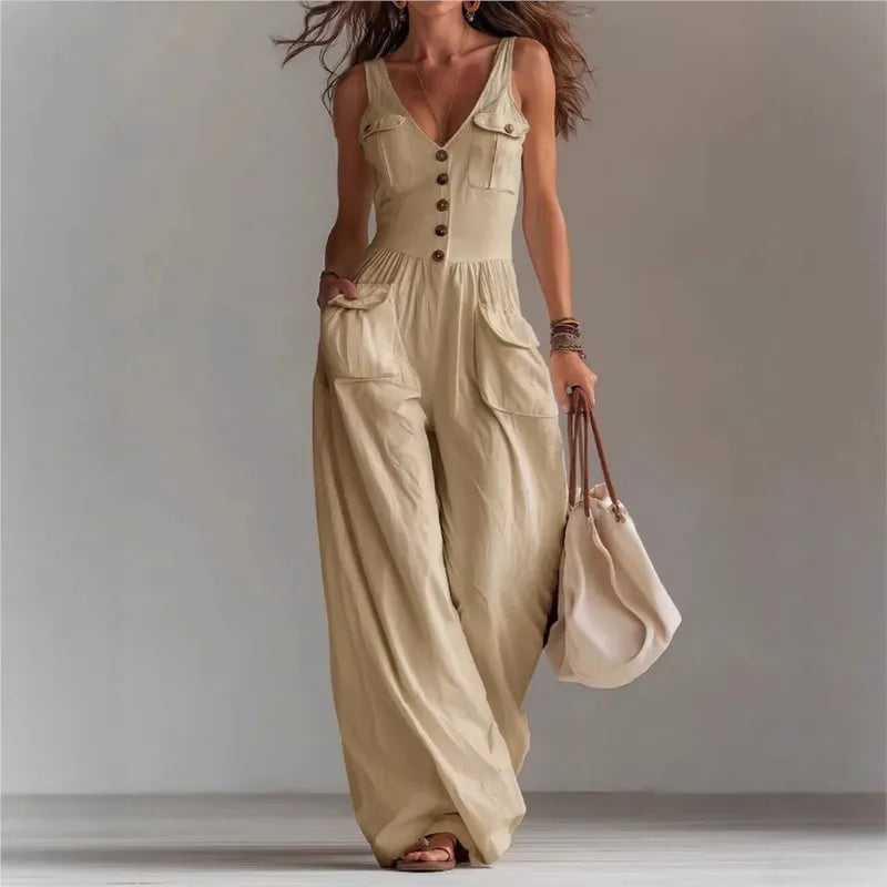 Jumpsuit Cuello V Pierna Ancha Sin Mangas Liso
