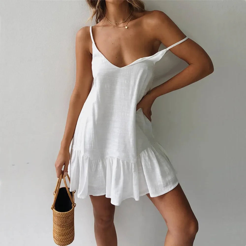 Vestido Lino Hombros Descubiertos Olanes