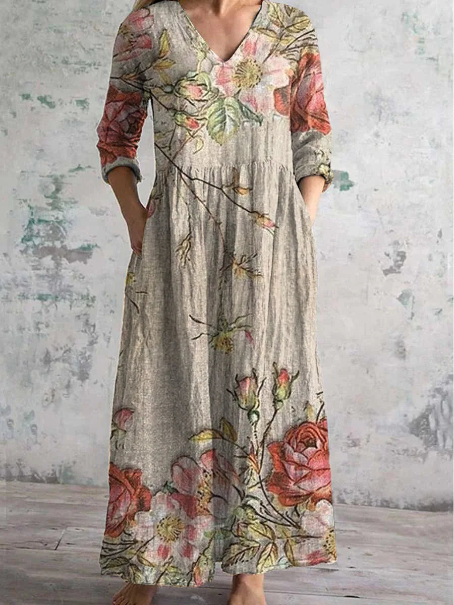 Vestido Cuello V Manga Larga Estampado