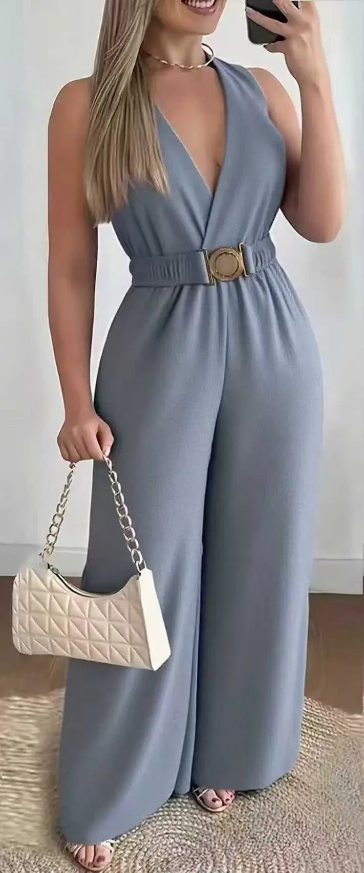 Jumpsuit Cuello V Pierna Ancha Sin Mangas