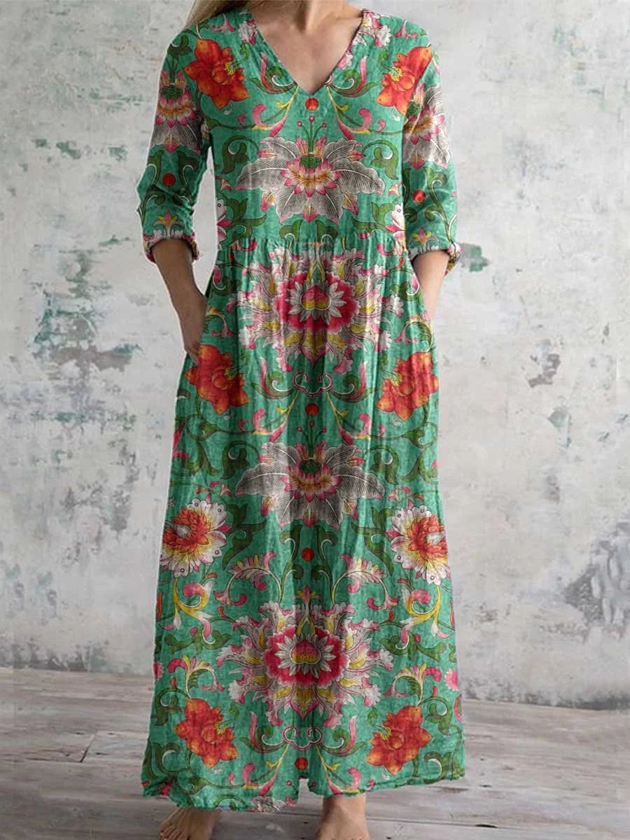 Vestido Cuello V Manga Larga Estampado
