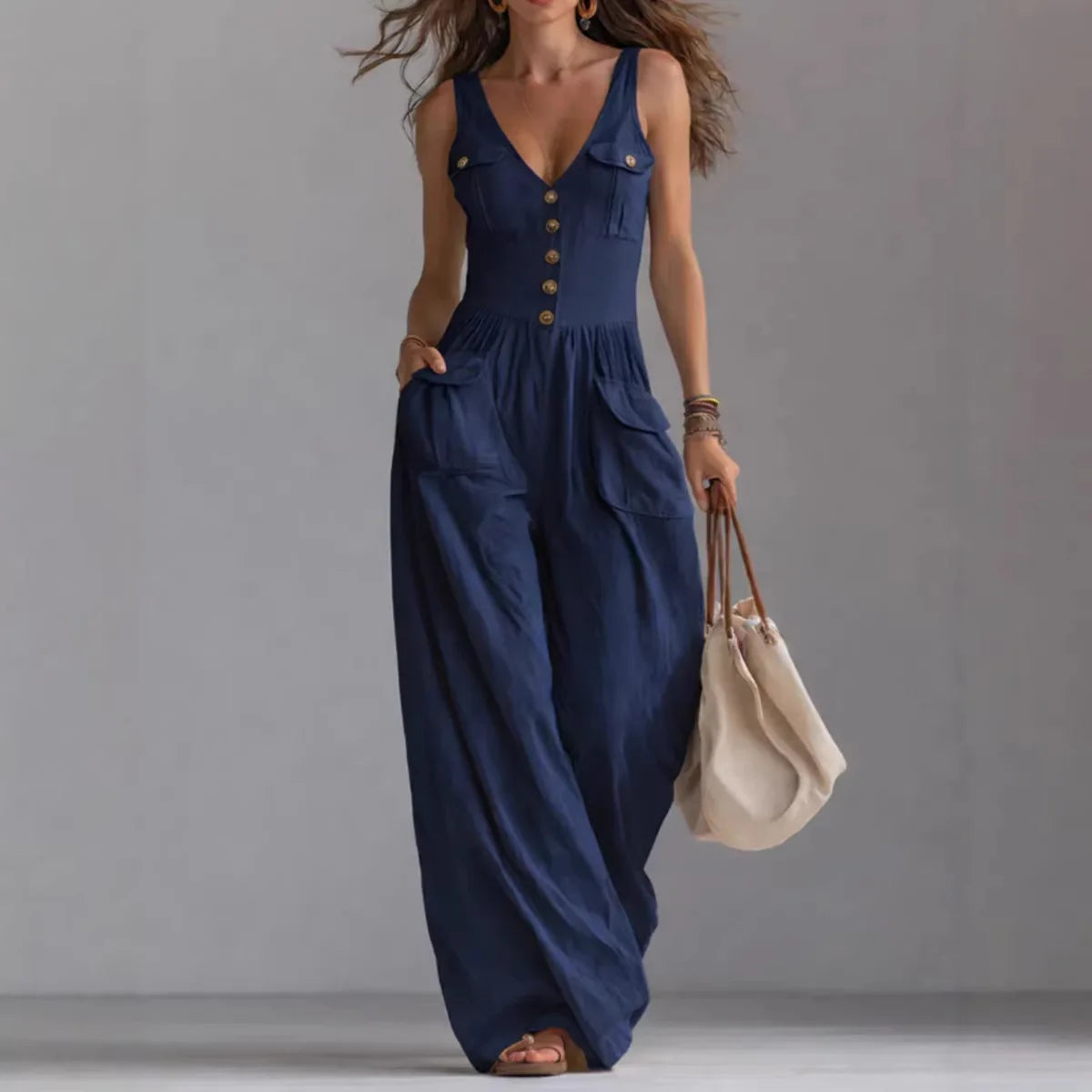 Jumpsuit Cuello V Pierna Ancha Sin Mangas Liso